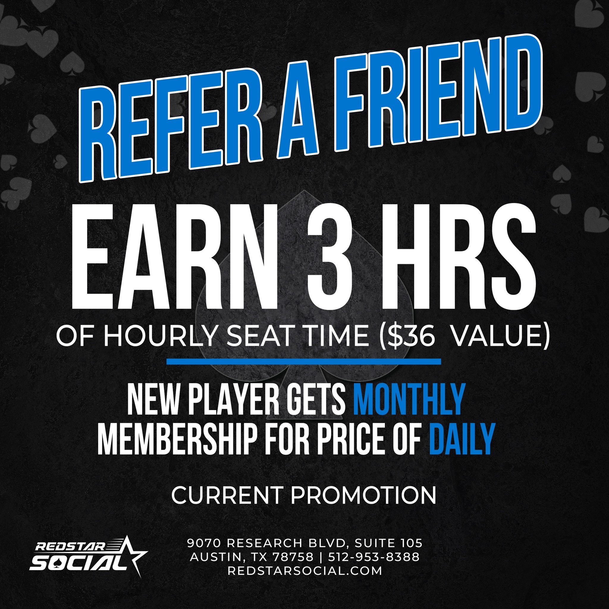 Arrive by 11:05am and play FREE your first two hours. 

Referral Bonus: Bring a new player &amp; get 3 hours of seat time when they become a member! Doors open at 11am.