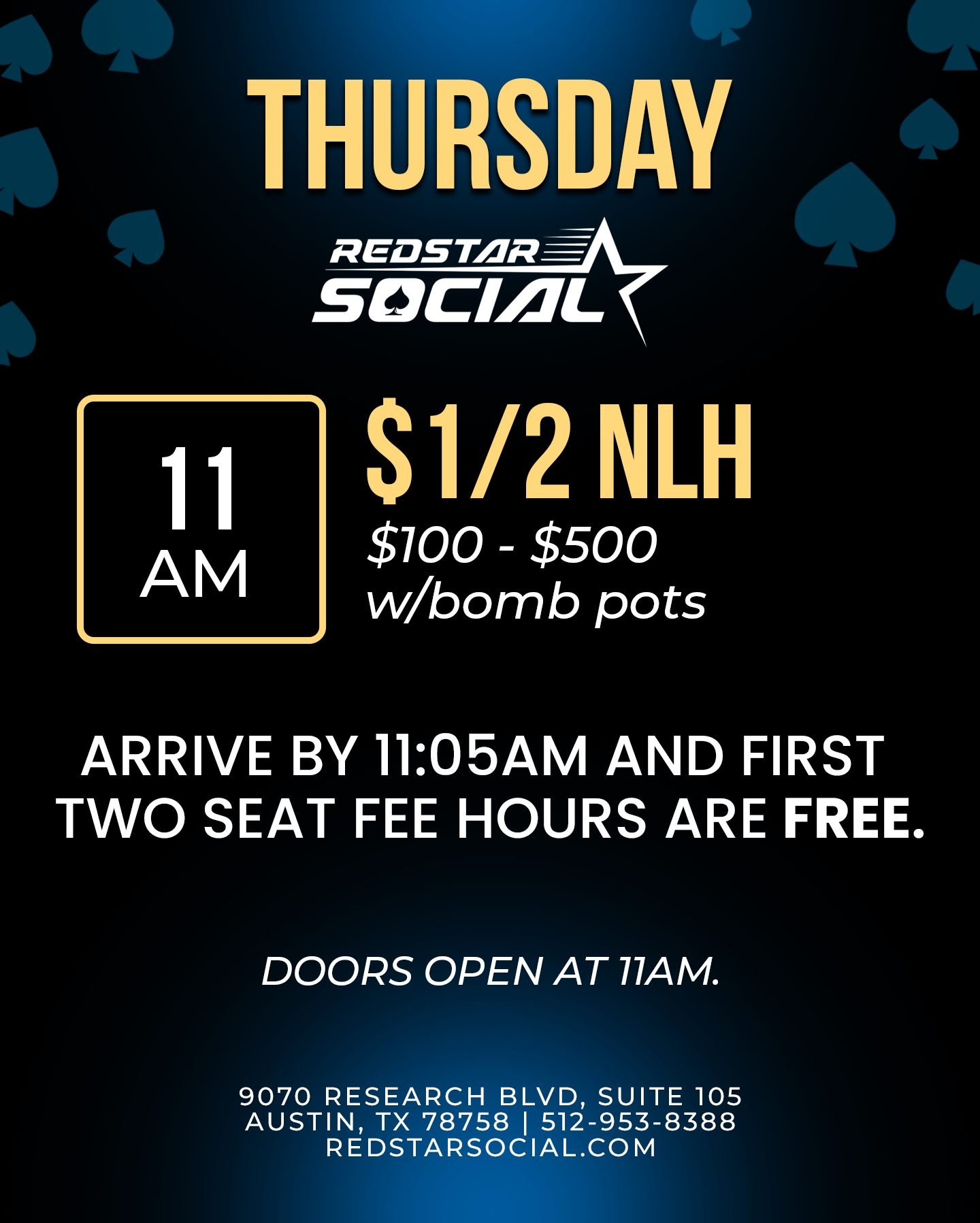 Join us today for your favorite games on the felt. Arrive by 11:05am and your first two hours of seat time free. Doors open at 11am.

Look forward to seeing you today.