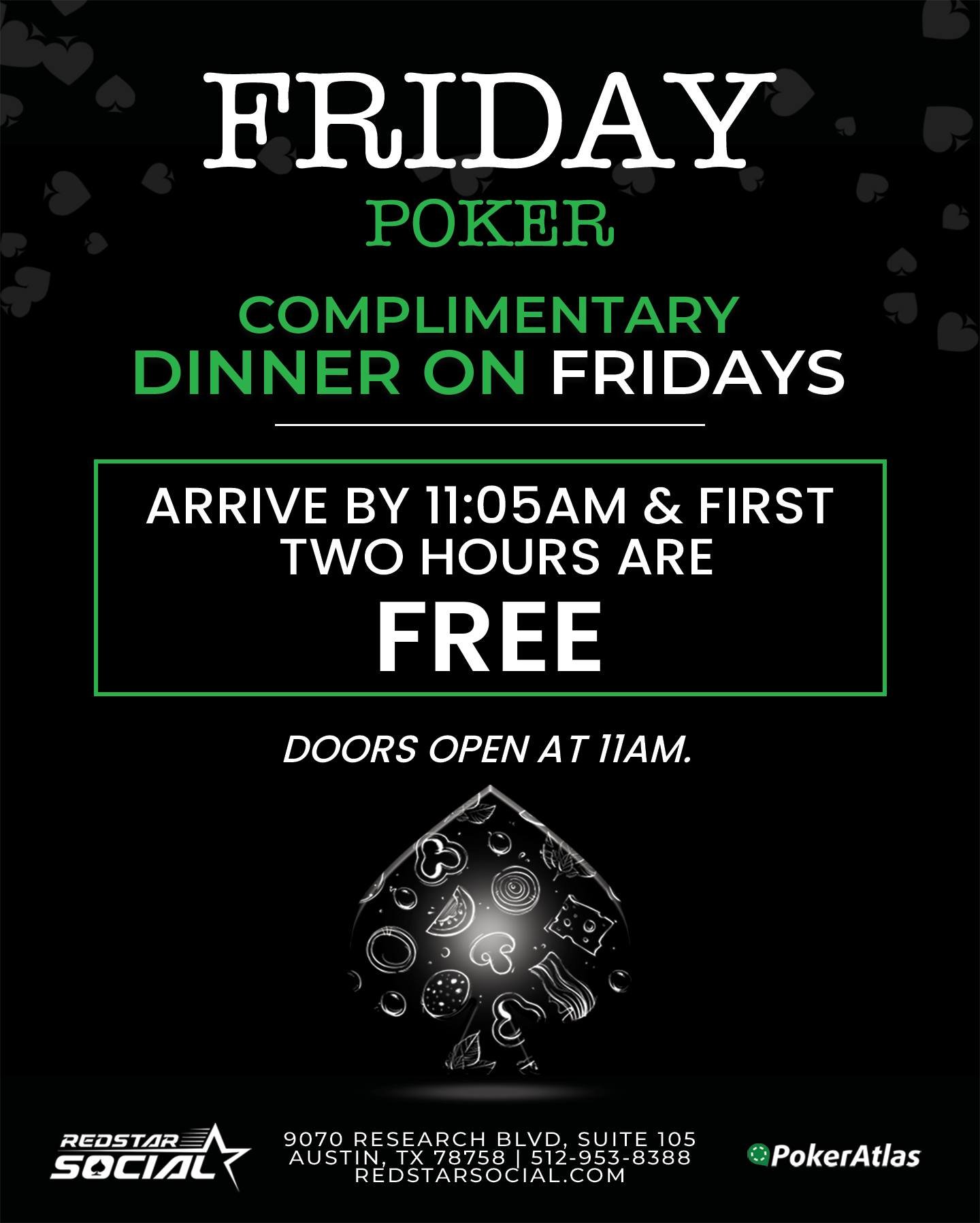 Wrap up your work week and enjoy playing your favorite games. Arrive by 11:05am &amp; first two hours of seat time are 𝐅𝐑𝐄𝐄. 

Complimentary pizza this evening. Come hungry -- we have your dinner covered.